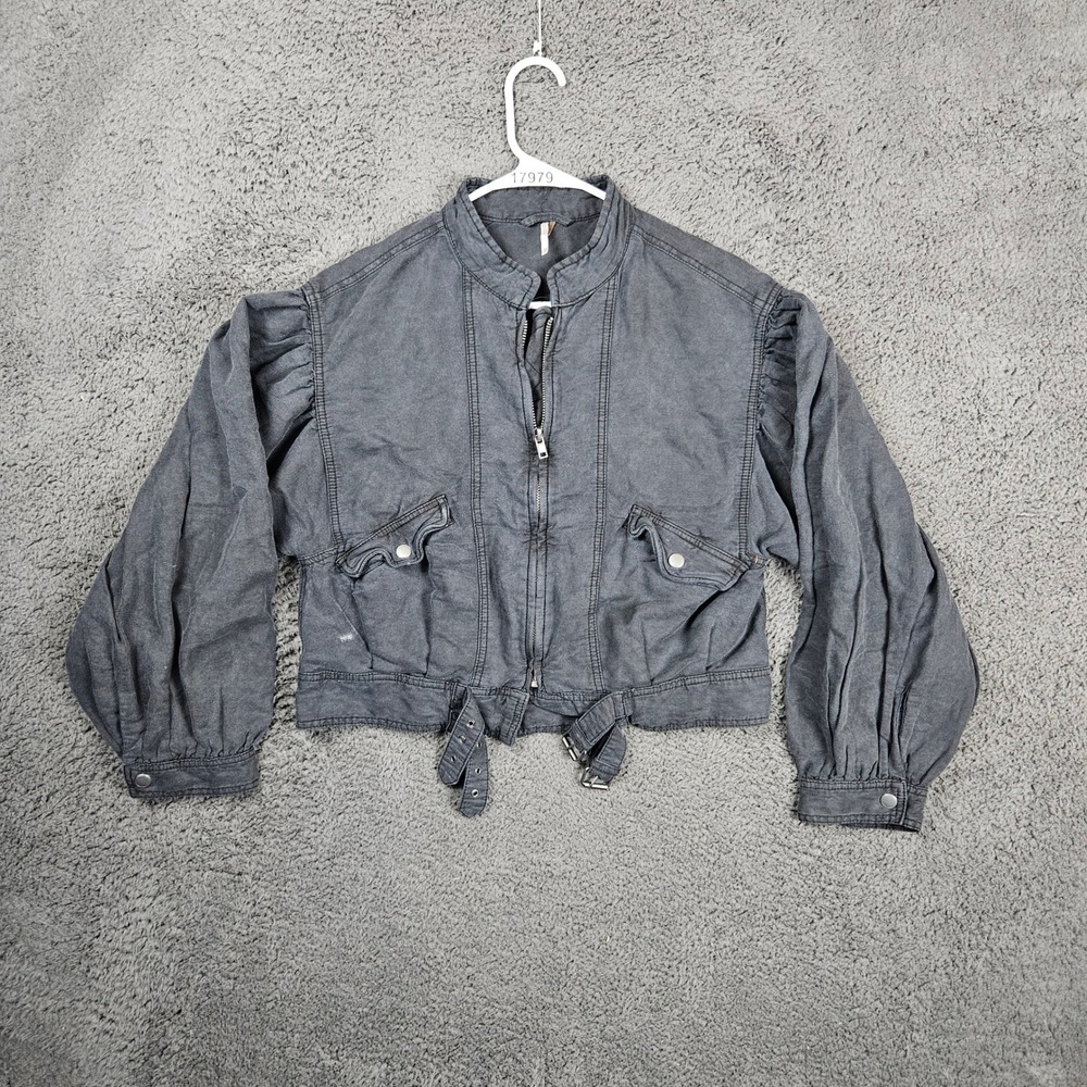 Free People XS Cropped Jacket Gray Full Zip Tie Waist Ruched Sleeve Top Coat